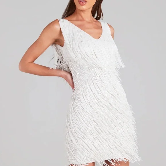 Nadine Merabi Elegant White Fringe Dress - Picture 4 of 9